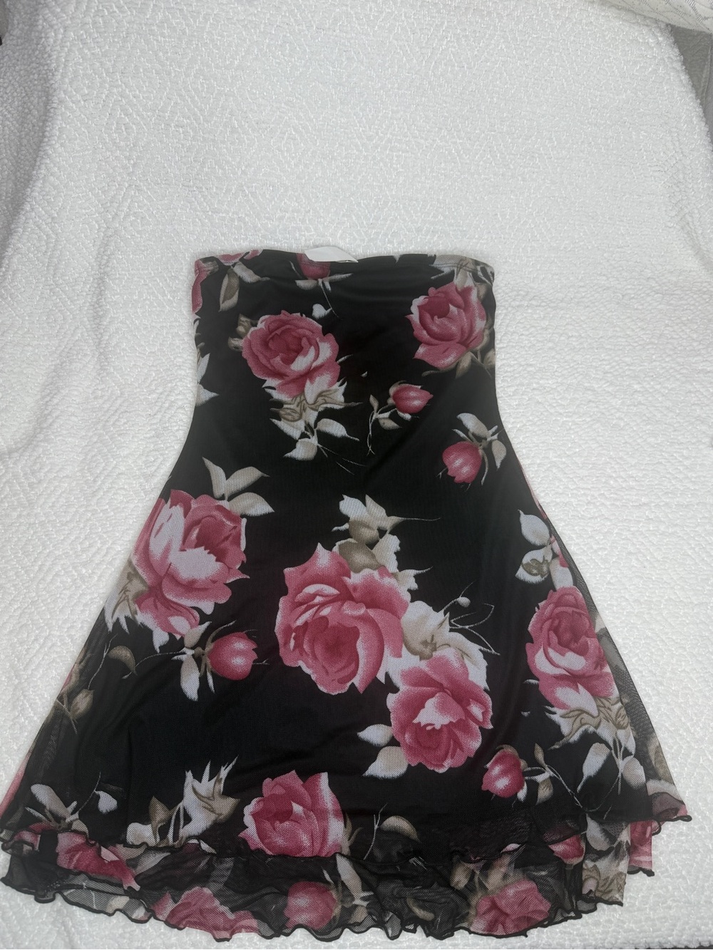 pink flower black mini dress